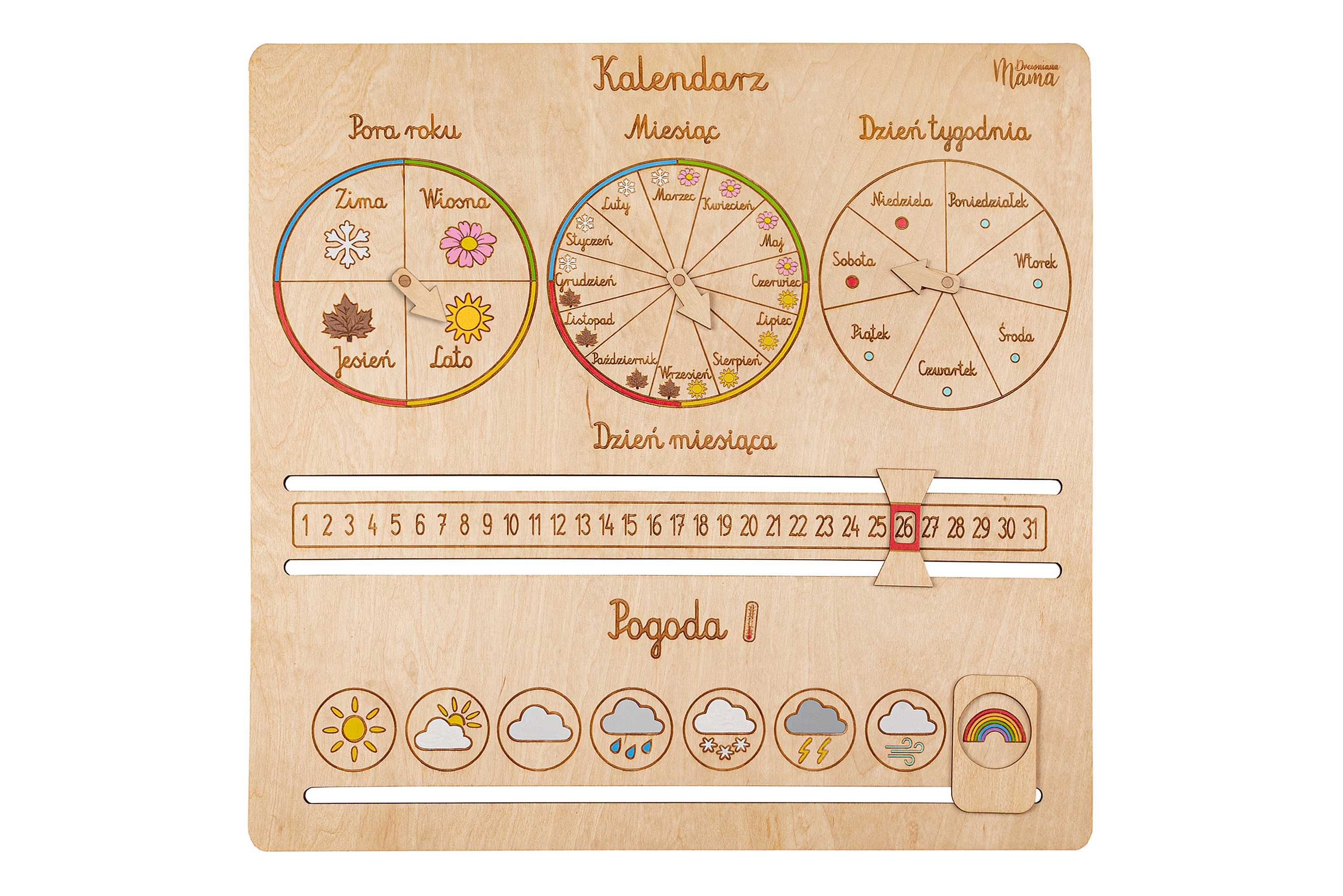 Drewniany Kalendarz-pomoc dydaktyczna dla dzieci, Montessori