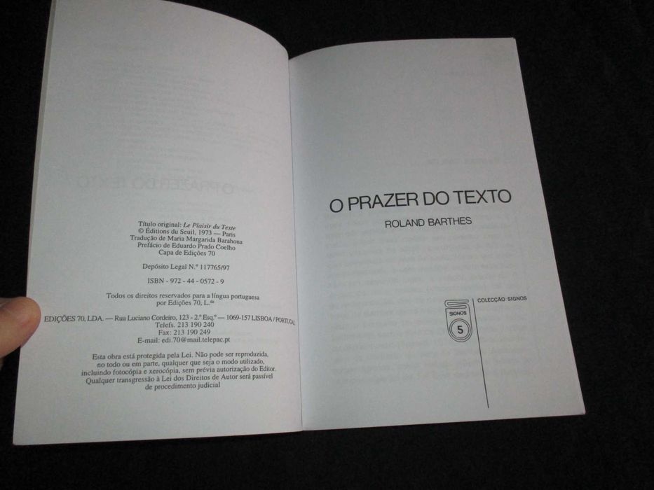 Livro O Prazer do Texto Roland Barthes Edições 70