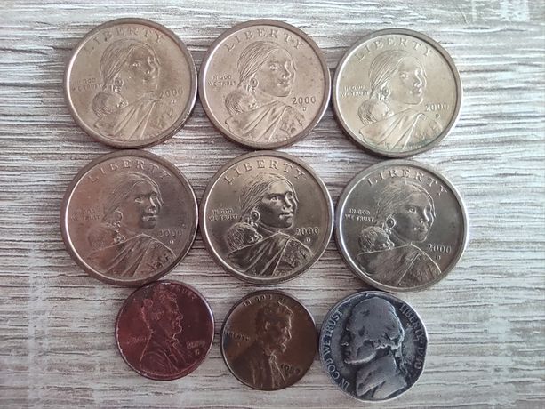 Monety USA 1$ Dolar Sacagawea 2000 - 6szt + centy + Five Cents 1940