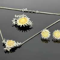 Srebro - Srebrny pozłacany zestaw biżuterii - Słoneczniki - próba 835