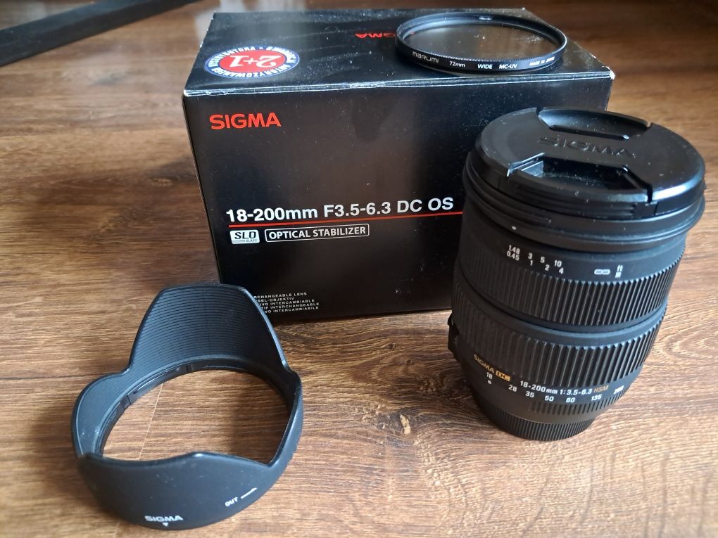 Obiektyw SIGMA 18-200mm F3.5-6.3 DC OS + filtr UV Marumi STAN IDEALNY!