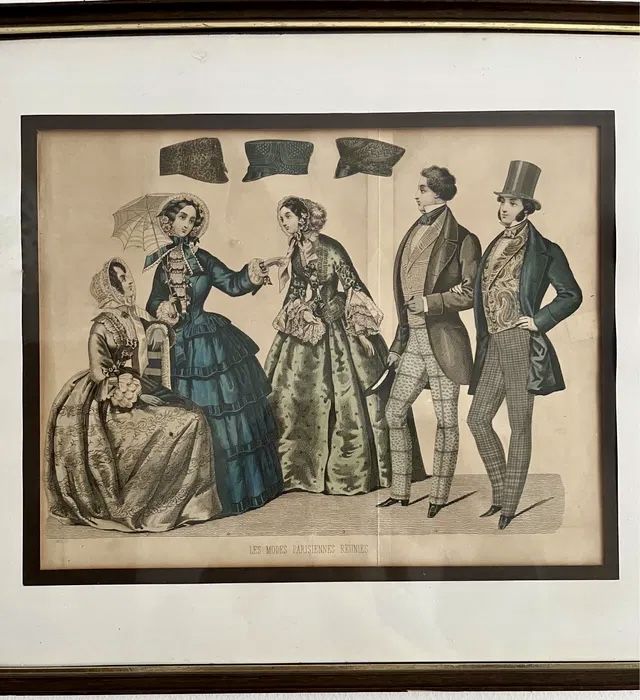 *Stara Piękna Moda Biedermeier XIX Francja Suknia Frak Obraz grafika