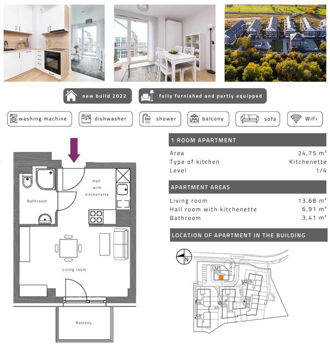 Jasne studio z balkonem - Bright studio with a balcony - 24,75 m2/sqm