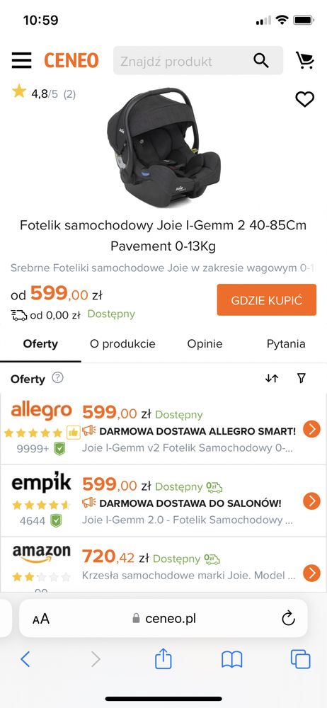 Fotelik samochodowy dla dzieci Joie i gemm 2 nosidełko 0-13kg