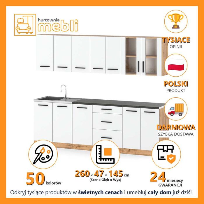 Nowoczesny Zestaw Mebli Kuchennych Remino 2.6m Biały Z Drewnem Pojemny