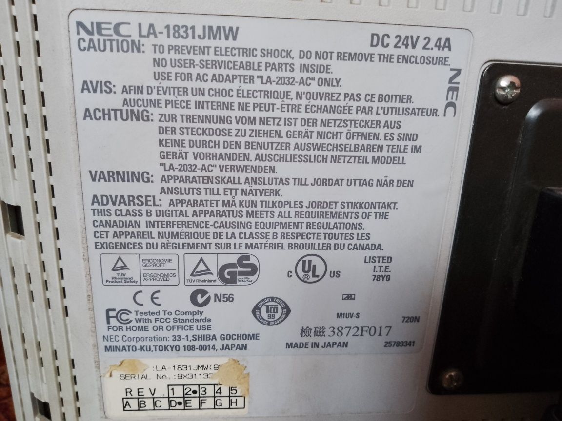 2x Monitor NEC MultiSync1810 LA-1831JMW STAN NIEZNANY, e-yama 17LP2