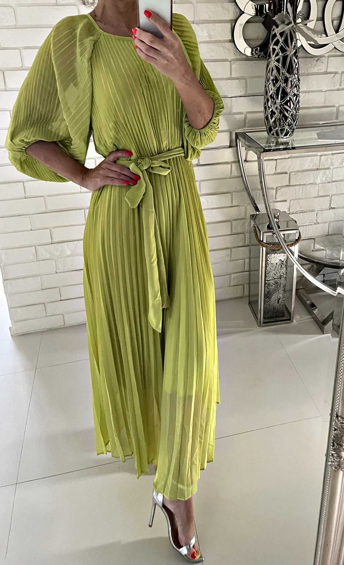 Piękna sukienka plisy limonkowa wysmukla asos L XL XXL wesele