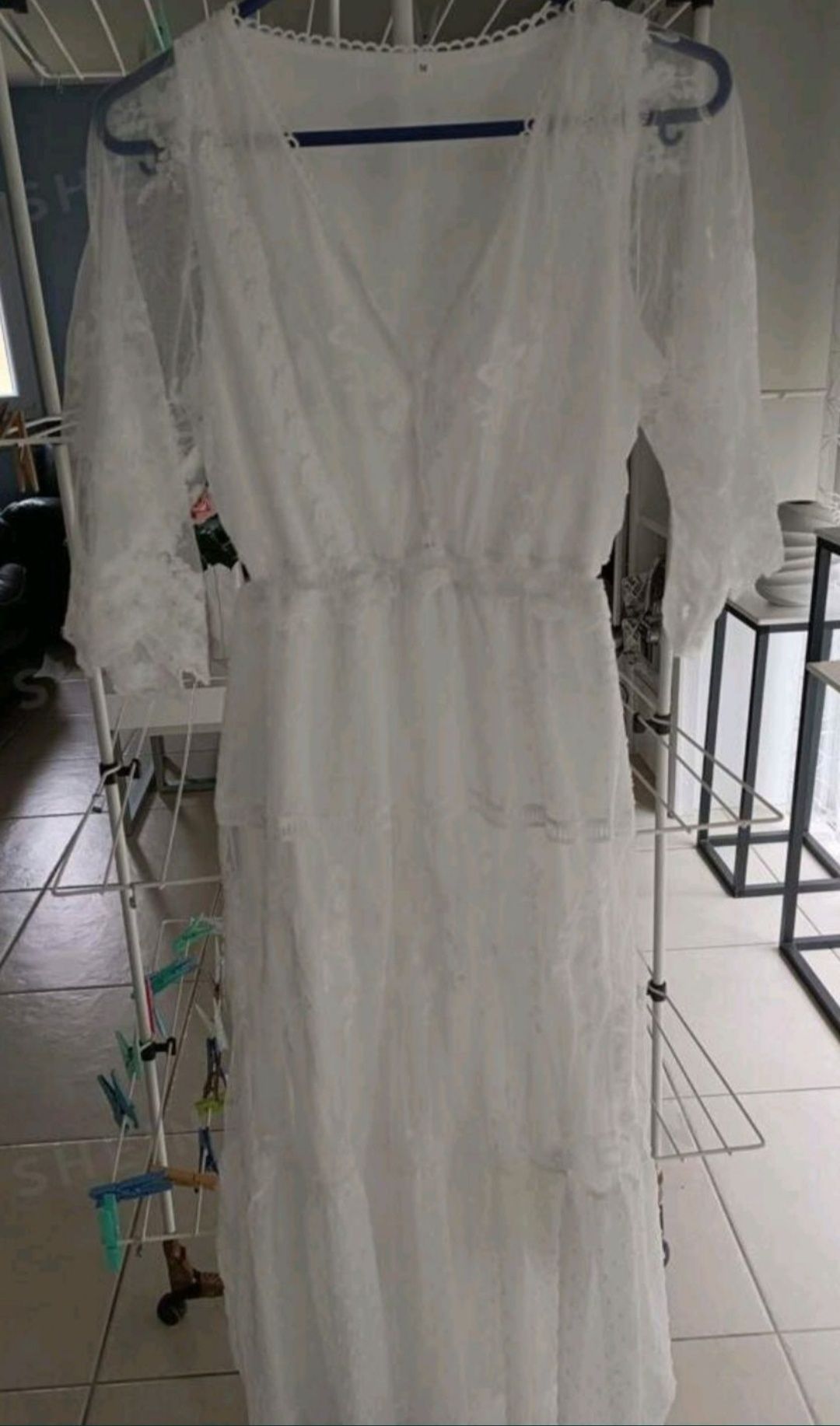 Sukienka biała maxi długa zwiewna koronkowa tiulowa boho
