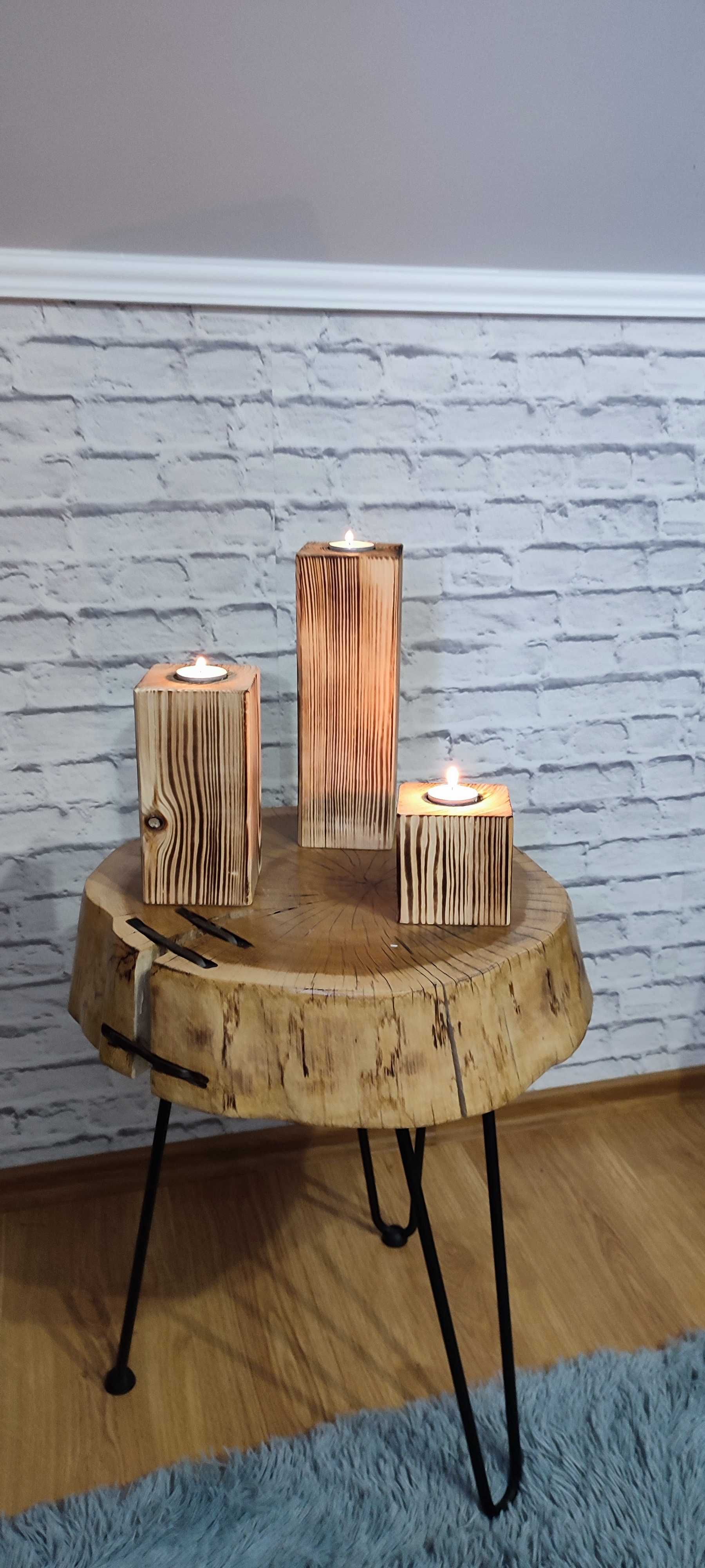 Świeczniki masywne drewniane komplet 3 sztuk