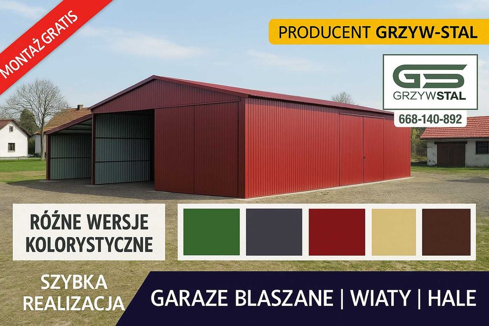 Garaż blaszany Grafit + Bramy | Duża Hala Magazyn Wiata   – GRZYWSTAL