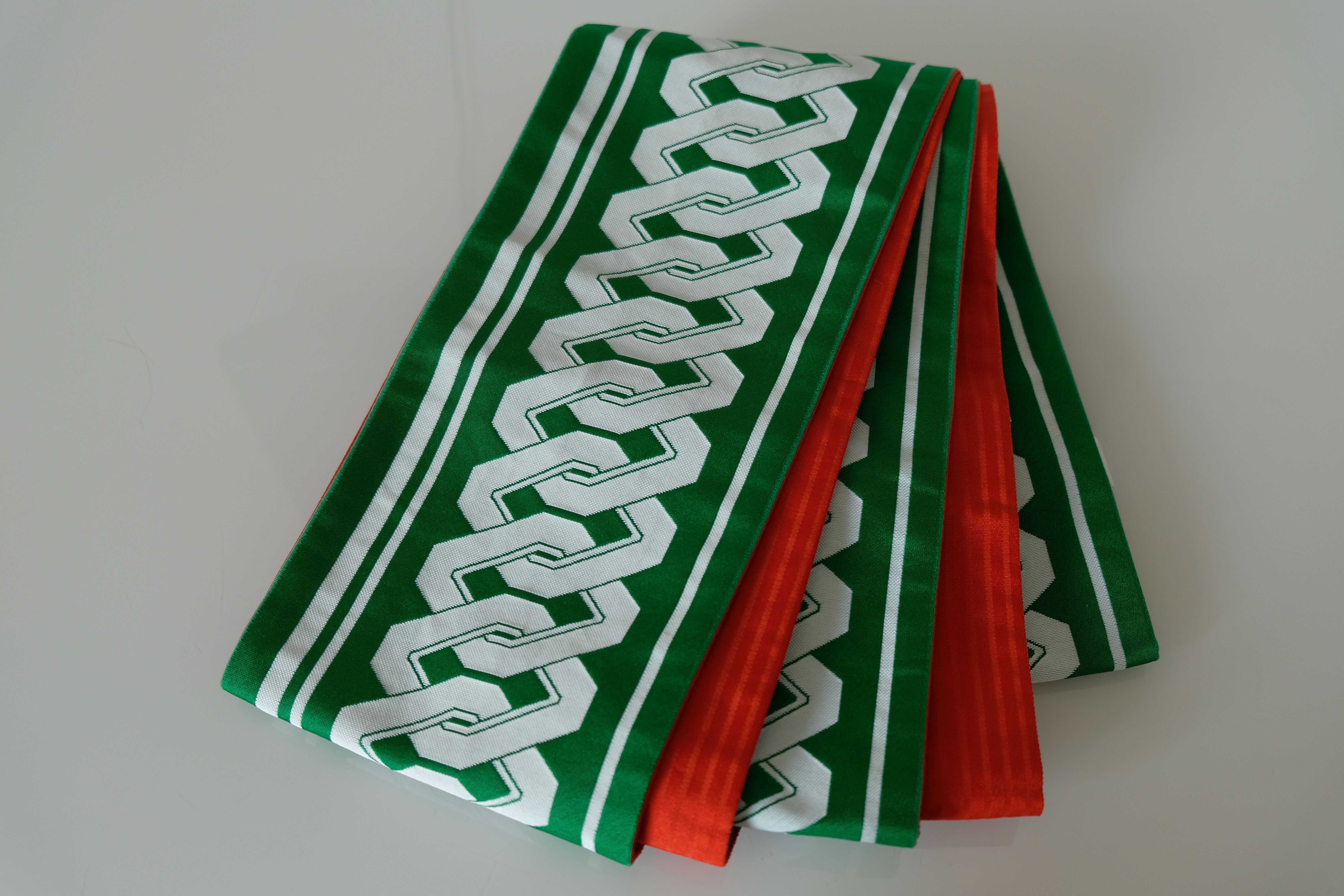 Zielony pas hanhaba obi do kimono japoński 354 cm dwustronny czerwony