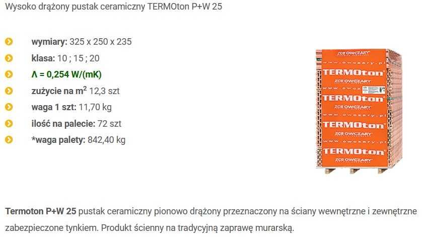 Pustak Ceramiczny Termoton Owczary 25 P+W 1 GATUNEK MEGAMAX 25CM