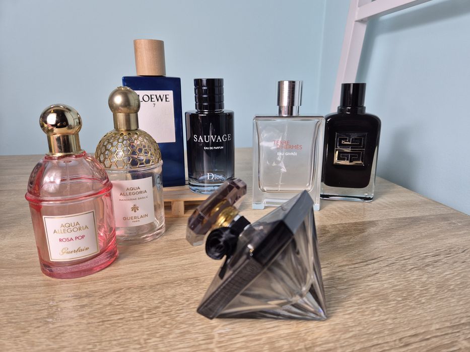 Siedem flakonów po perfumach perfumy Hermes Guerlain Dior Loewe Lancom