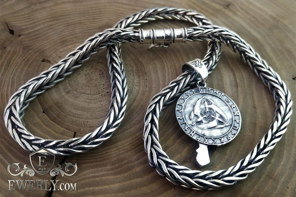 Толстая серебряная цепочка Колос с подвеской Ворон. Срібний ланцюг