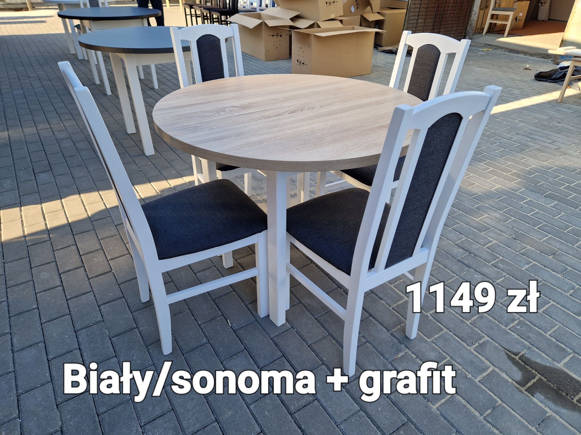 Nowe : Stół okrągły + 4 krzesła, biały/sonoma + grafit, dostawa PL