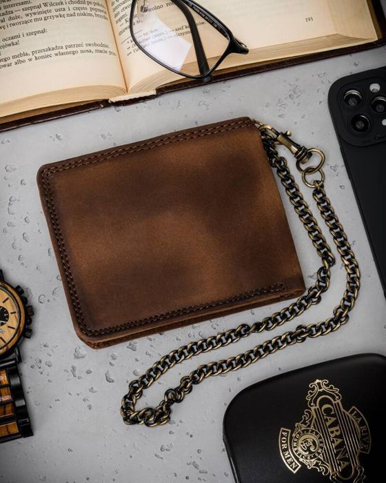 Duży, Skórzany Portfel Męski Z Łańcuszkiem