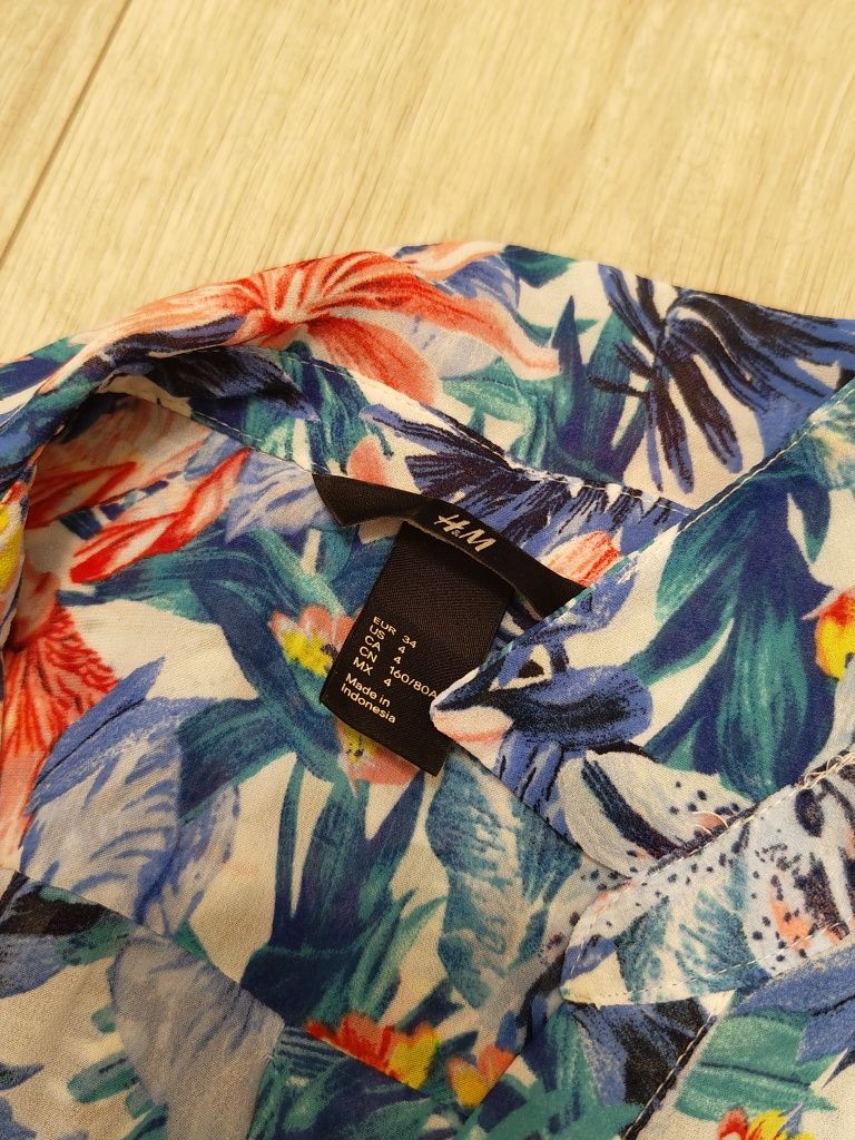 Kolorowa bluzka w kwiaty, z kołnierzykiem, na guziki, H&M, rozm. 34/XS