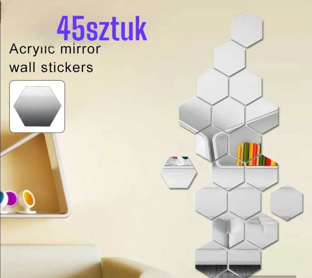 45szt naklejka lustro hexagon srebrne dekoracja