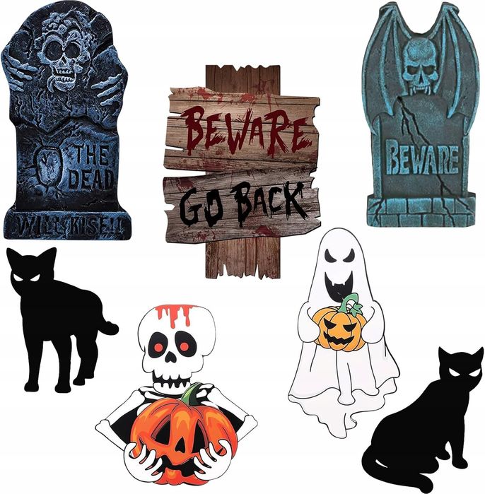 Dekoracja Ogrodu Na Halloween Czarny Kot Nagrobek Duch Zestaw 42Cm