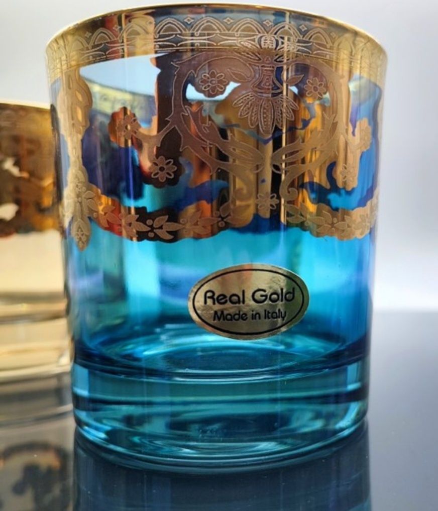Luxuoso conjunto de 6 copos em cristal de Murano e decorações a our