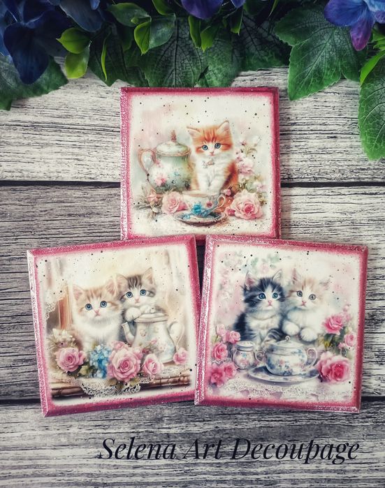Ozdobne podstawki decoupage vintage shabby chic farmhouse kot kwiat