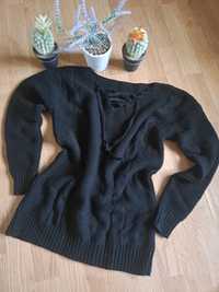 Czarny Sweter Sweterek Splot Warkocz Wiązanie S 36 M 38