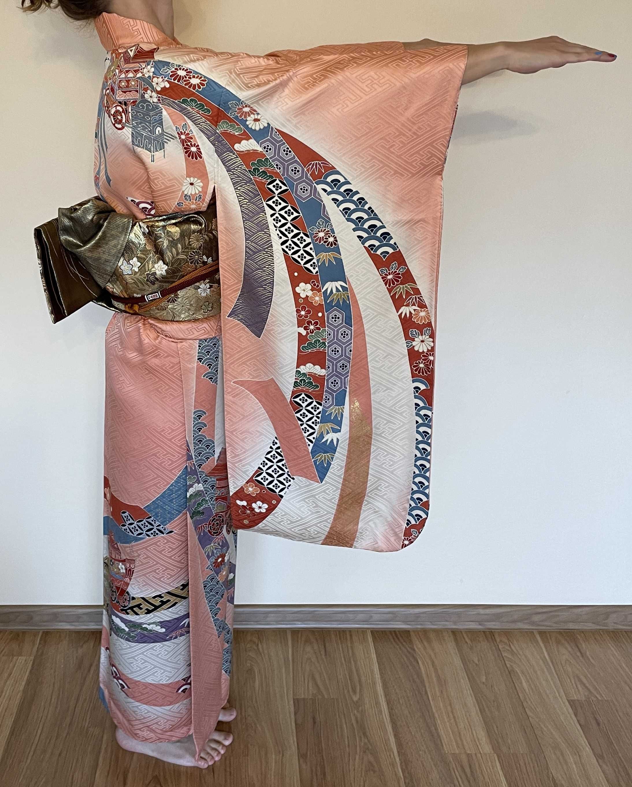Japońskie kimono furisode + pas obi + sznur obijime