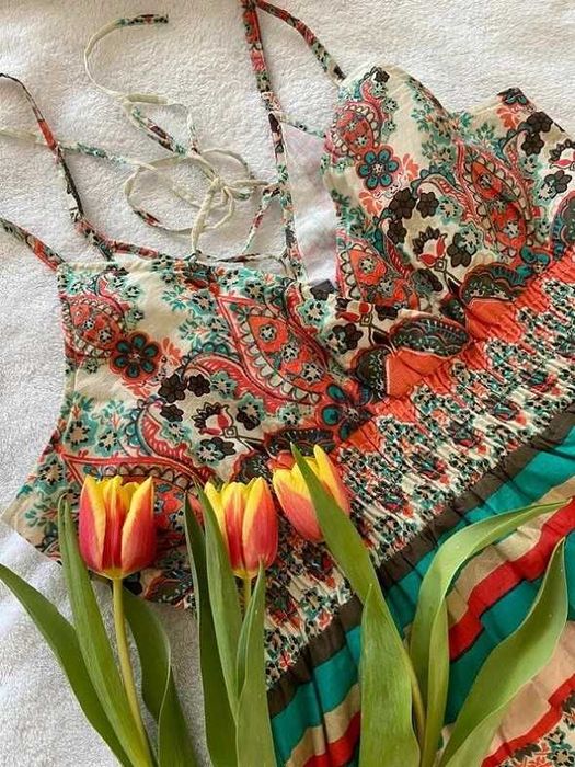 Kolorowa sukienka letnia L/XL – długa, boho, przewiewna, bawełna