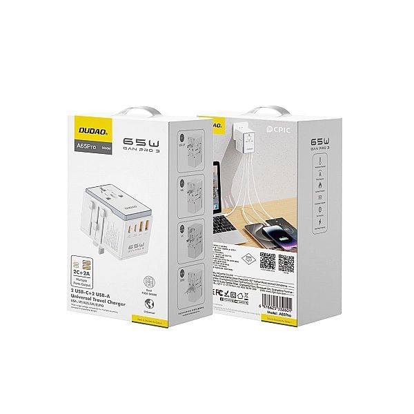 Adapter podróżny Dudao A65Pro 65w Eu / Us / Jp / Aus / Uk 2x Usb-c 2x