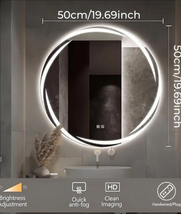 Eleganckie lustro LED lazienkowe 50cm okragle z regulacja jasnosci