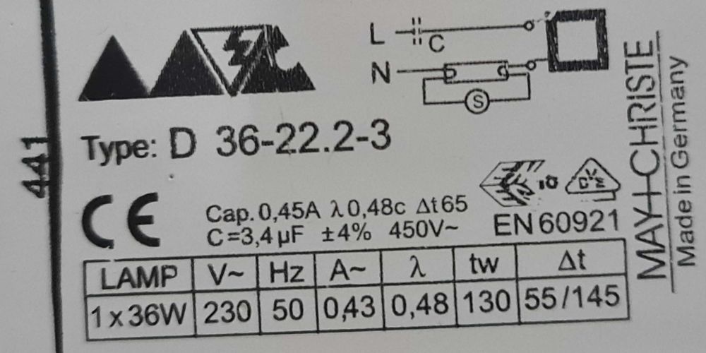Armadura simples 120cm + balastro convencional para lâmpadas de 1x36W