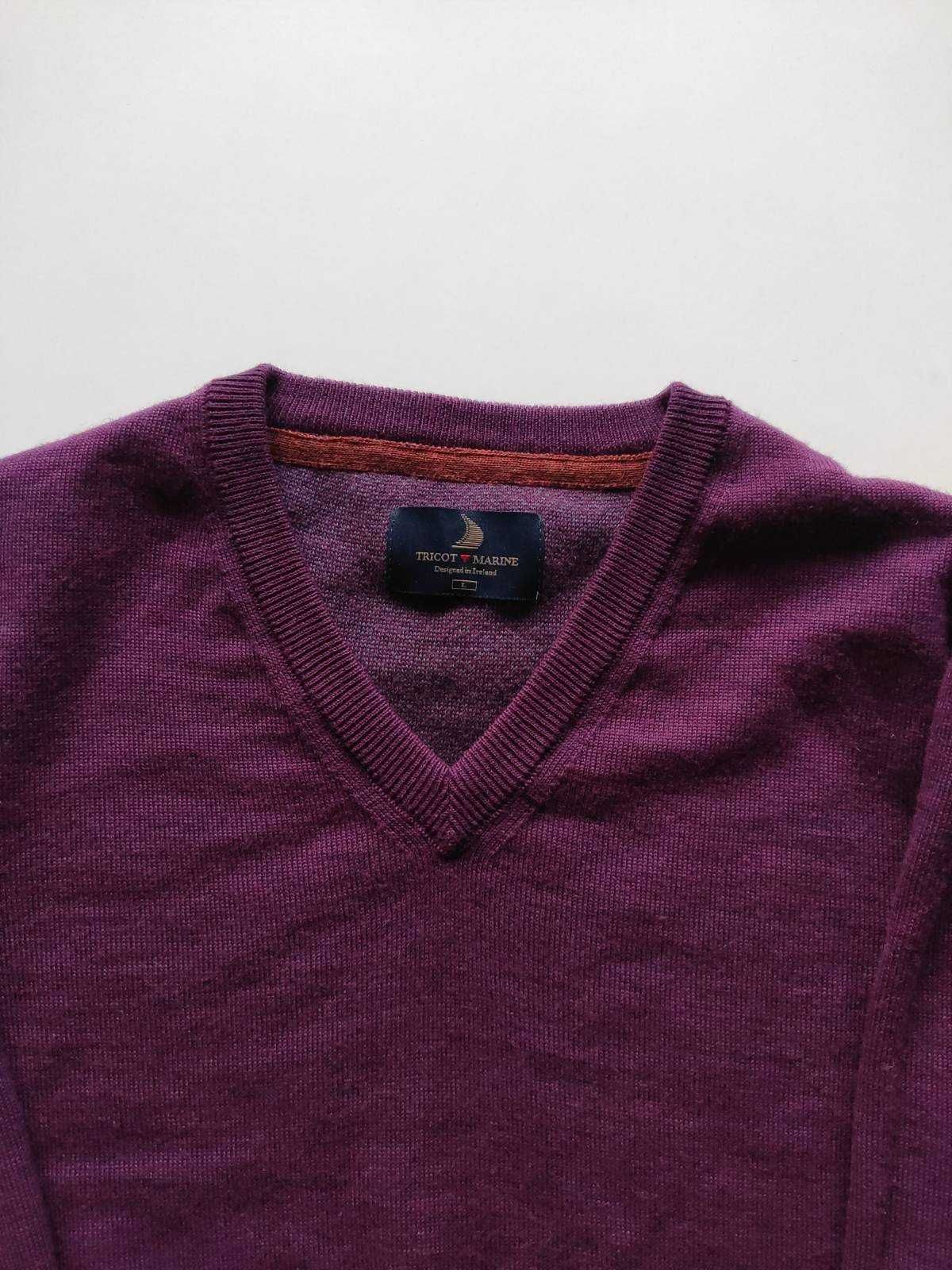 wełniany sweter L dekolt w serek tricot marine