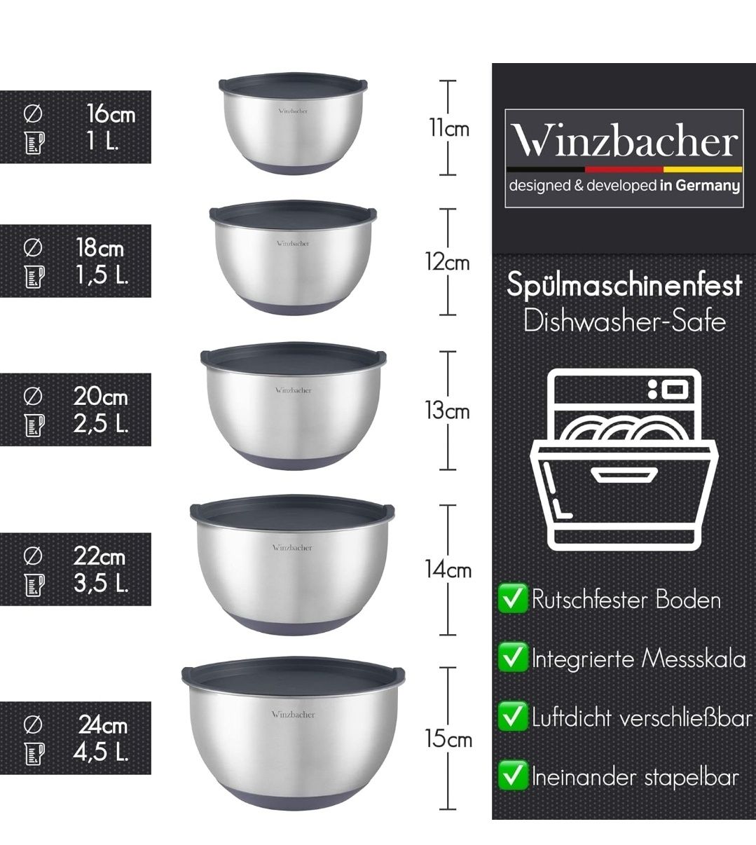 Winzbacher Чаша з нержавіючої сталі з кришкою [набір 5] 1 л + 1,5 л +