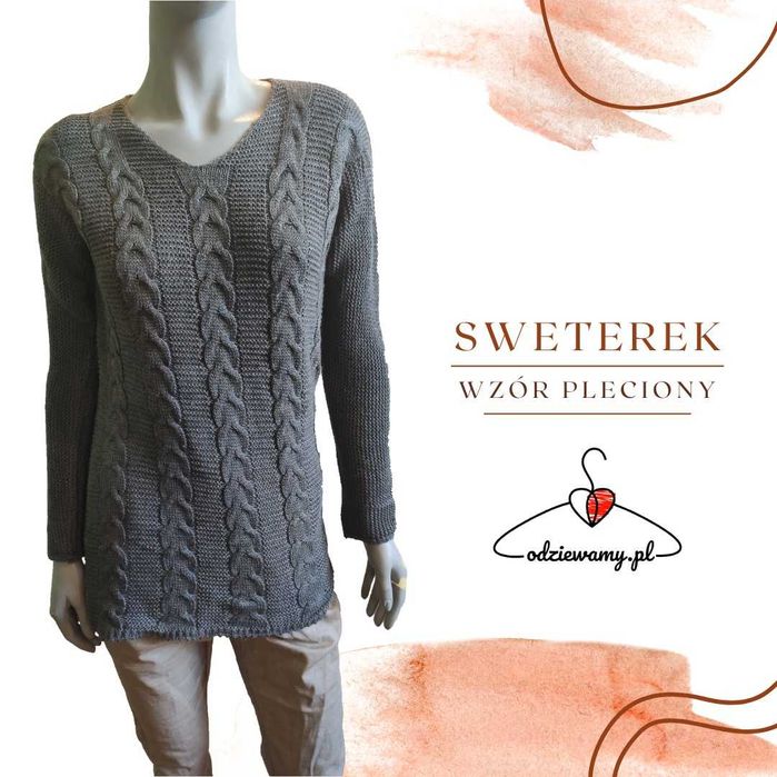 Długi sweter damski w warkocz nowy oversize szary