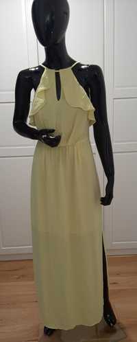 Sukienka cytrynowa z dwoma rozporkami zwiewna letnia Xs/S