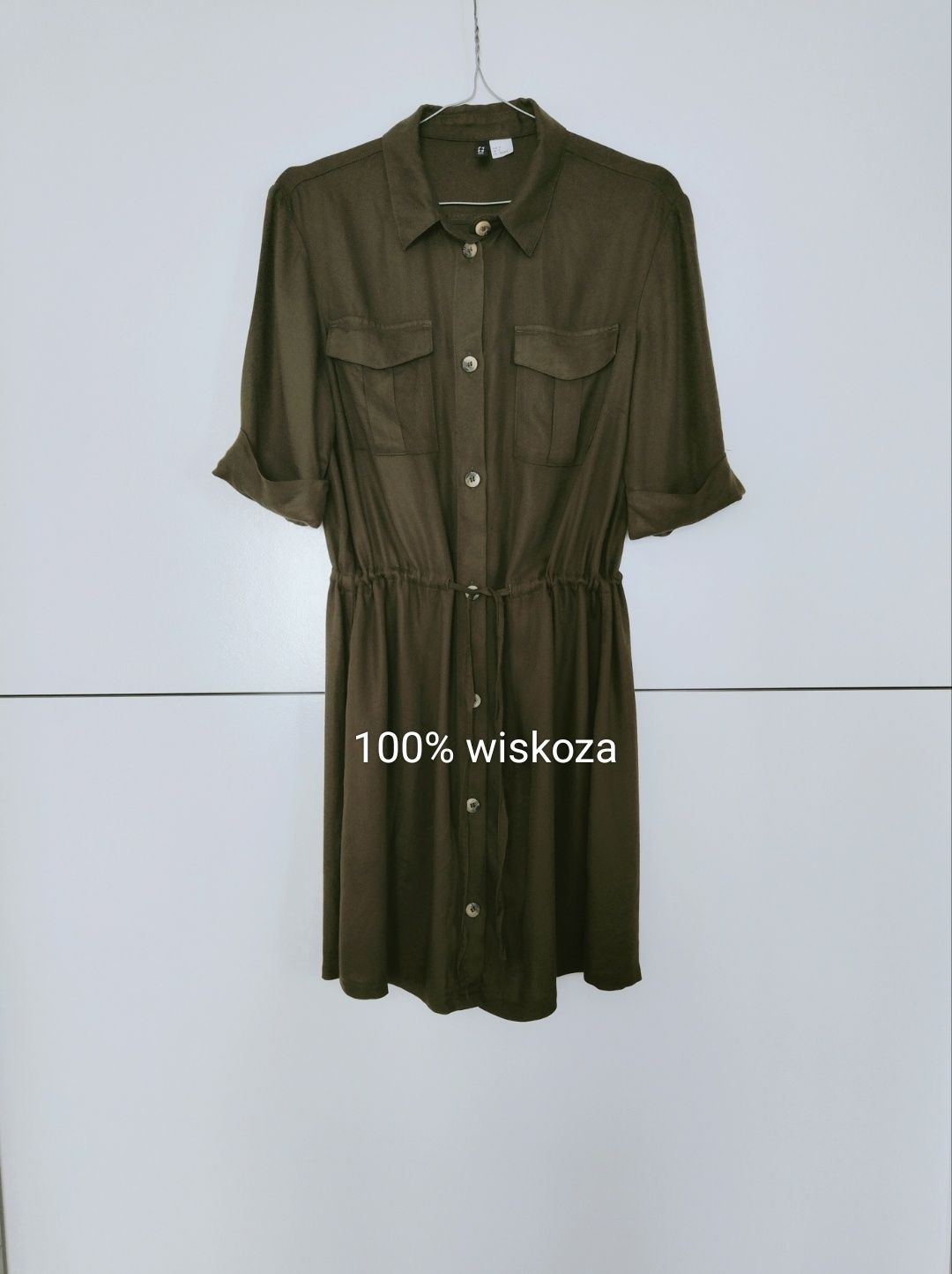 Sukienka H&M 36 S zielona khaki letnia na guziki wiskozowa