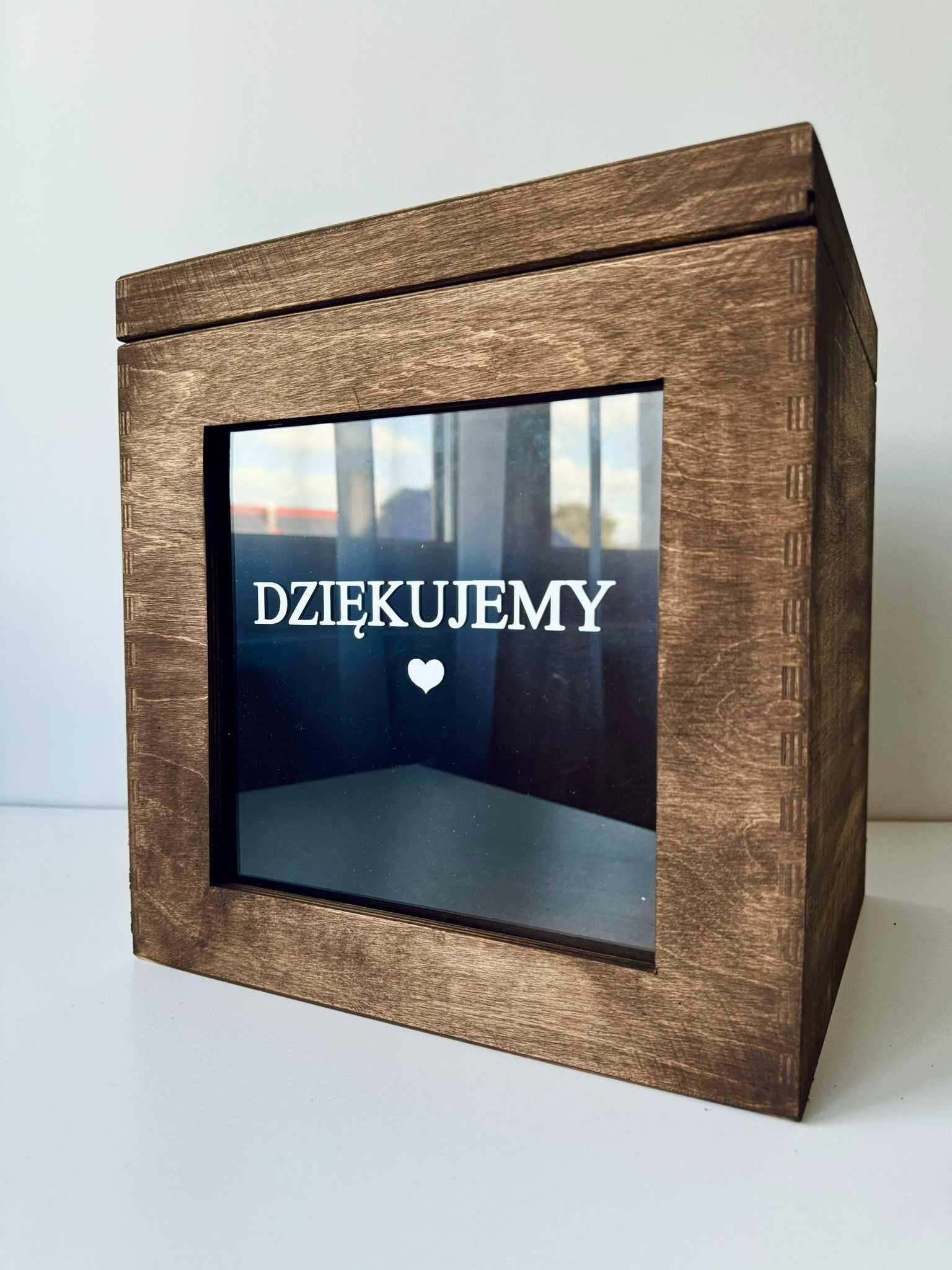 Duże rustykalne pudełko na koperty front pleksi akryl biały napis ślub