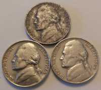 Lote de 3 Moedas de Five Cent de 1964 USA, Thomas Jefferson