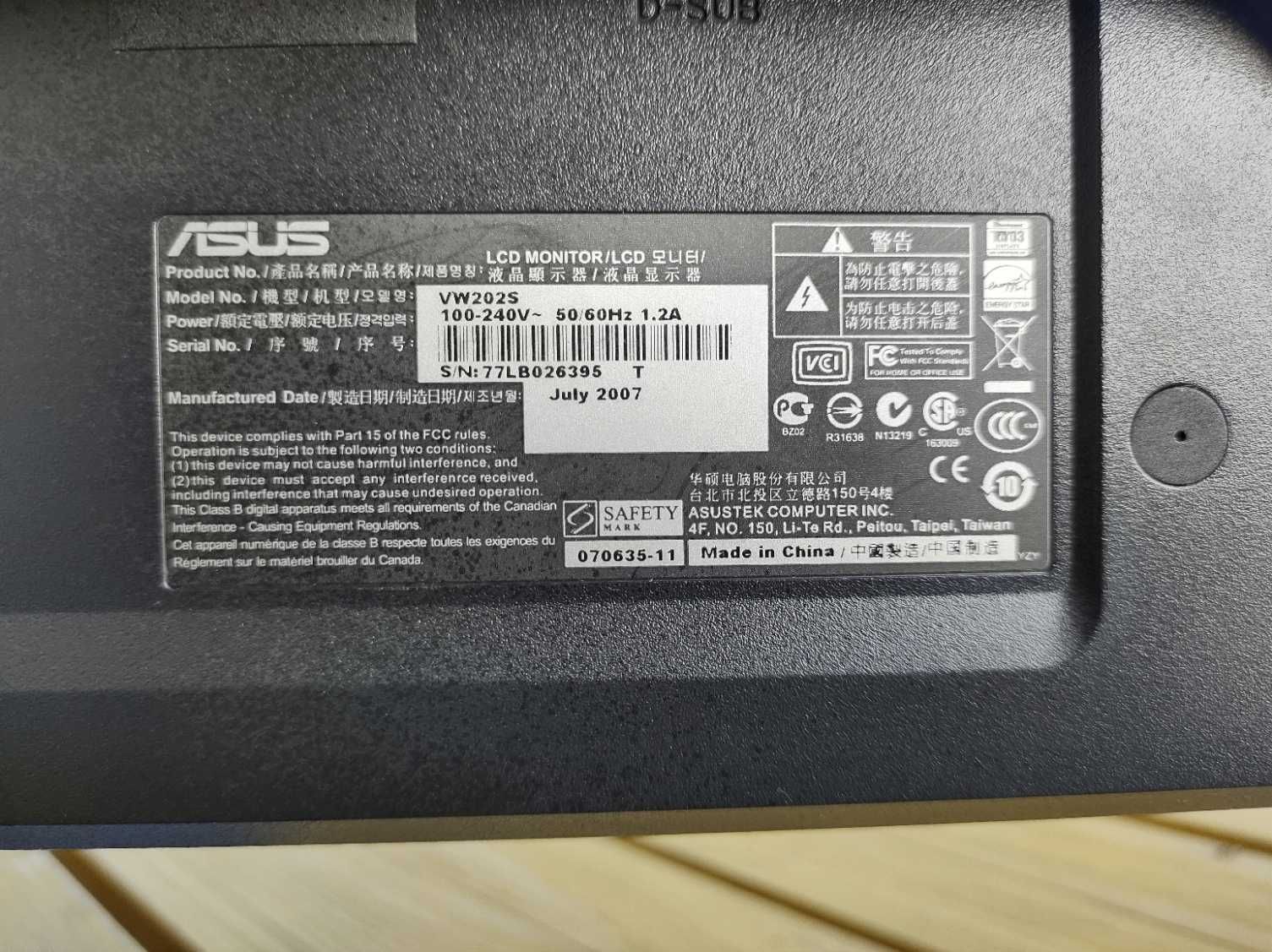Monitor LCD Asus de 20" como novo