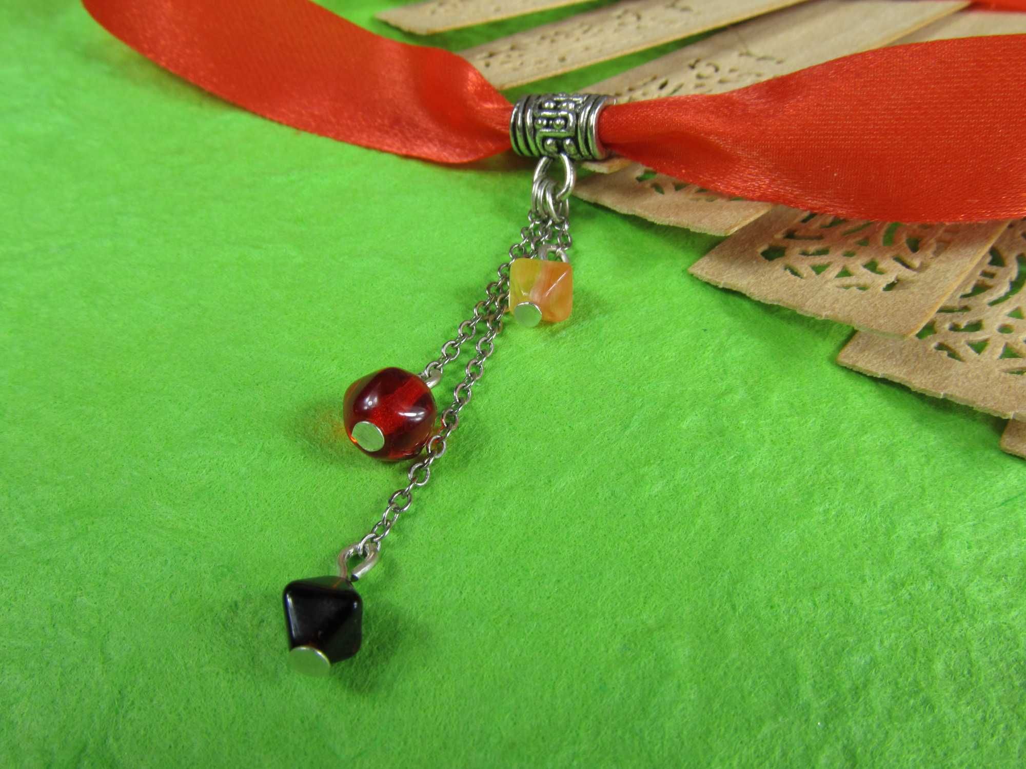 Naszyjnik choker złoty czerwony bordowy wstążka koraliki eko handmade