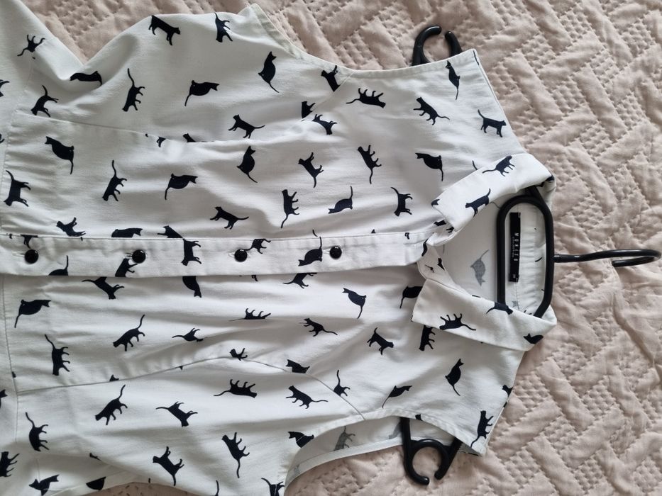 Sukienka szmizjerka bawełnianą biała koty mohito print kołnierzyk lato