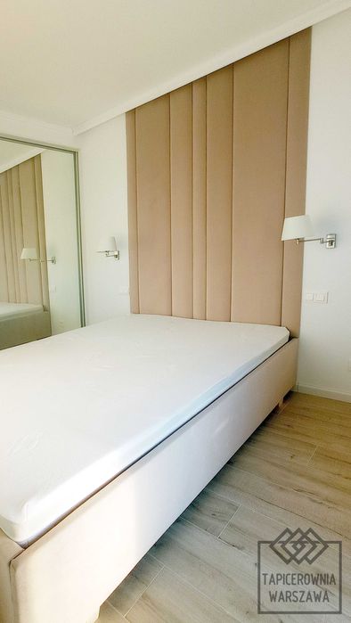 Łóżko tapicerowane montaż panele wnęki zabudowa sypialnia Tapicer