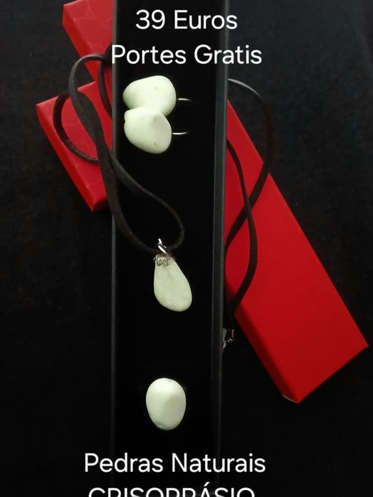 Conj par brincos,anel  colar pedras naturais Crisoprásio PORTES GRATIS