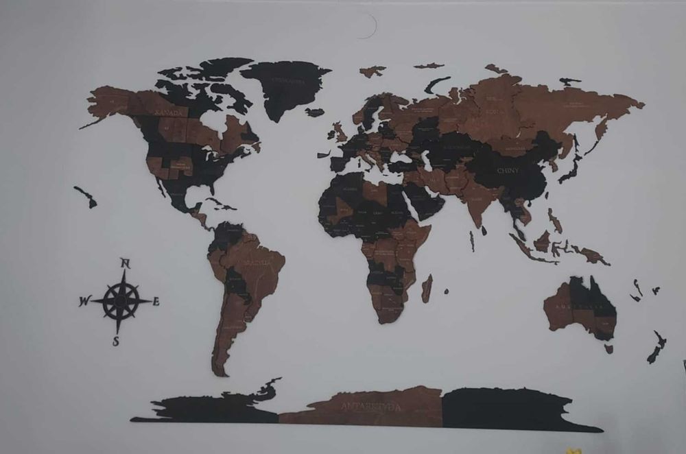 Mapa Świata 3D 210x126cm, czarny i palisander, ozdoba na ścianę