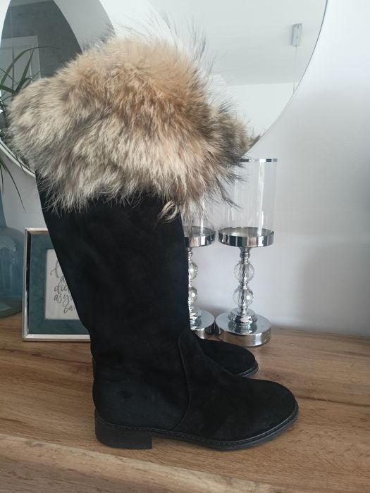 Kozaki damskie 38 czarne jenot naturalne futro skórzane