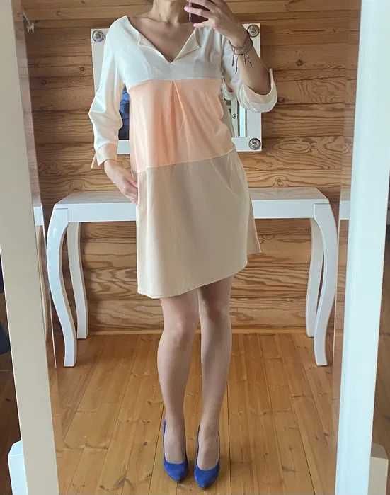 Wygodna szeroka sukienka w pasy pastelowa beżowa L/XL NOWA