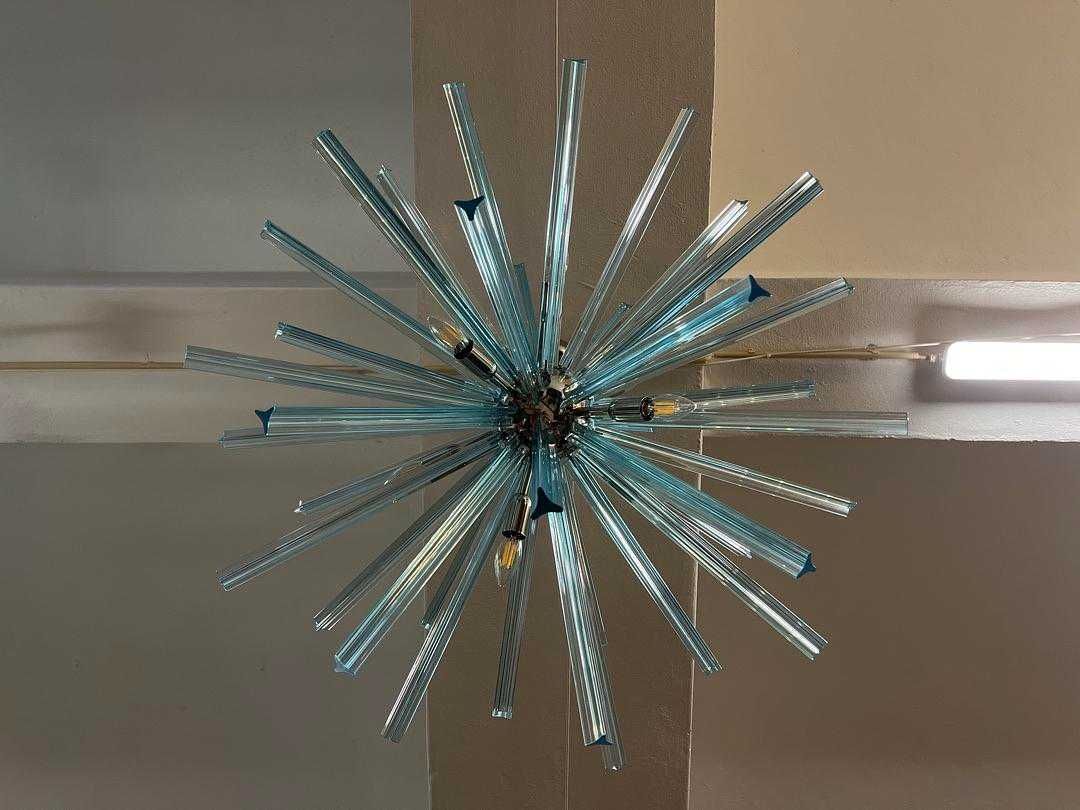 Lustre Sputnik 9 Lumes Vidro Azul e Metal Cromado - Itália Séc. XXI