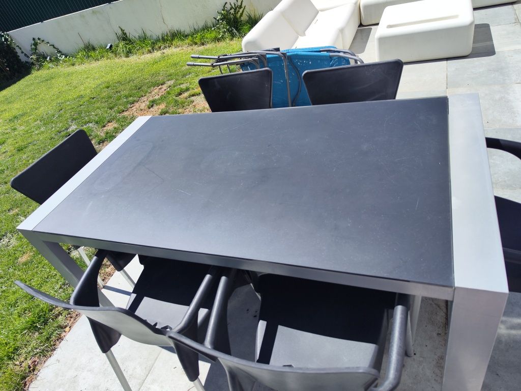 Conjunto de refeição exterior de alumínio e vidro + 6 cadeiras plástic