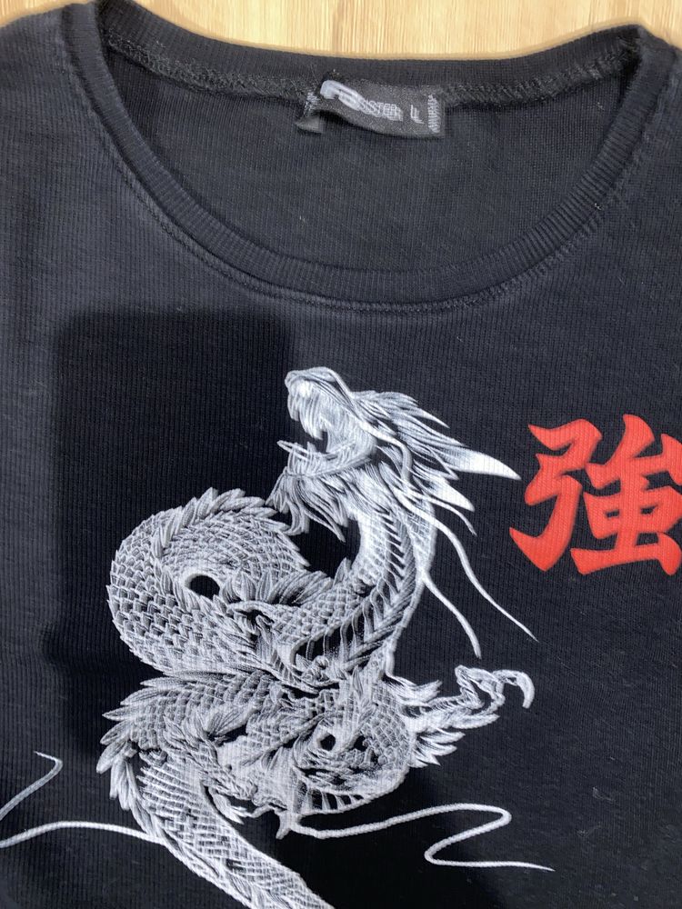 czarny t shirt dziewczęcy kobiecy chiny japonia smok oversize L