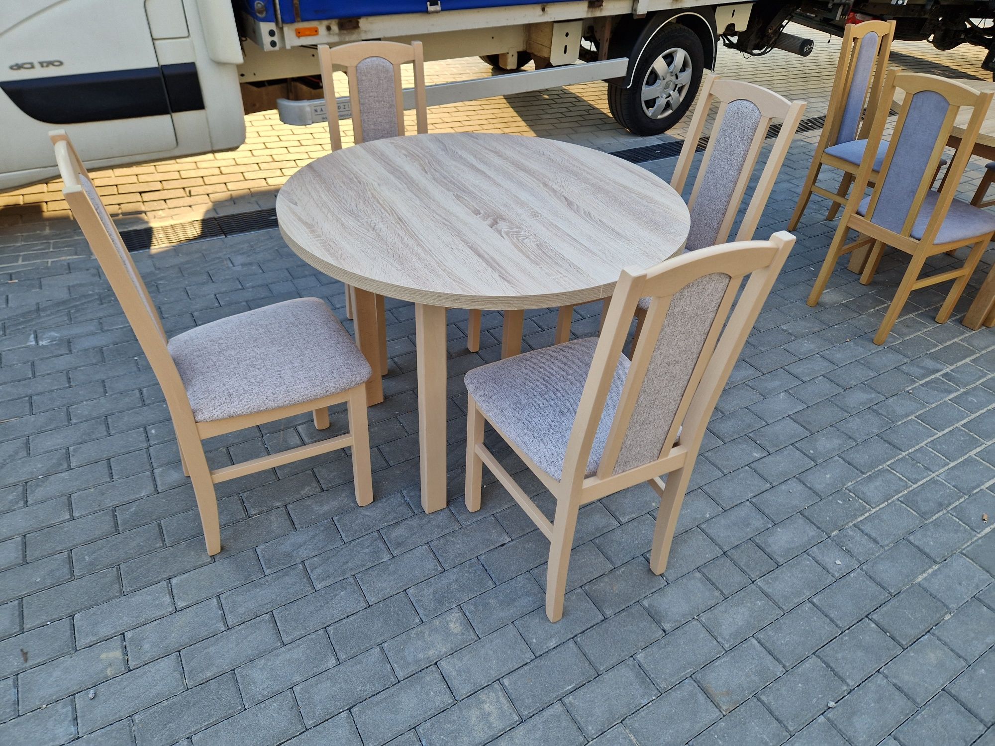 Nowe: Stół okrągły + 4 krzesła, sonoma + kawa z mlekiem , transPL